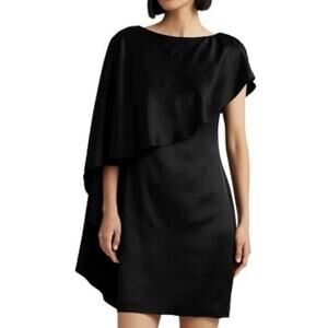 LAUREN RALPH LAUREN Black Satin Asymmetrical Cape Cocktail Dress - Sz 12 - NWT